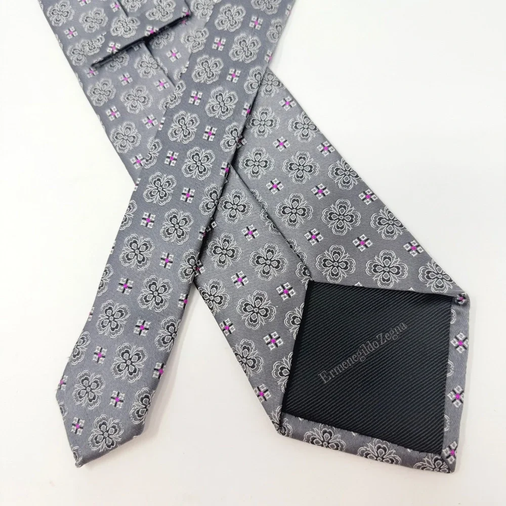 Ermenegildo Zegna Mens Silk Tie Grey Black Magenta Geometric Floral Italy